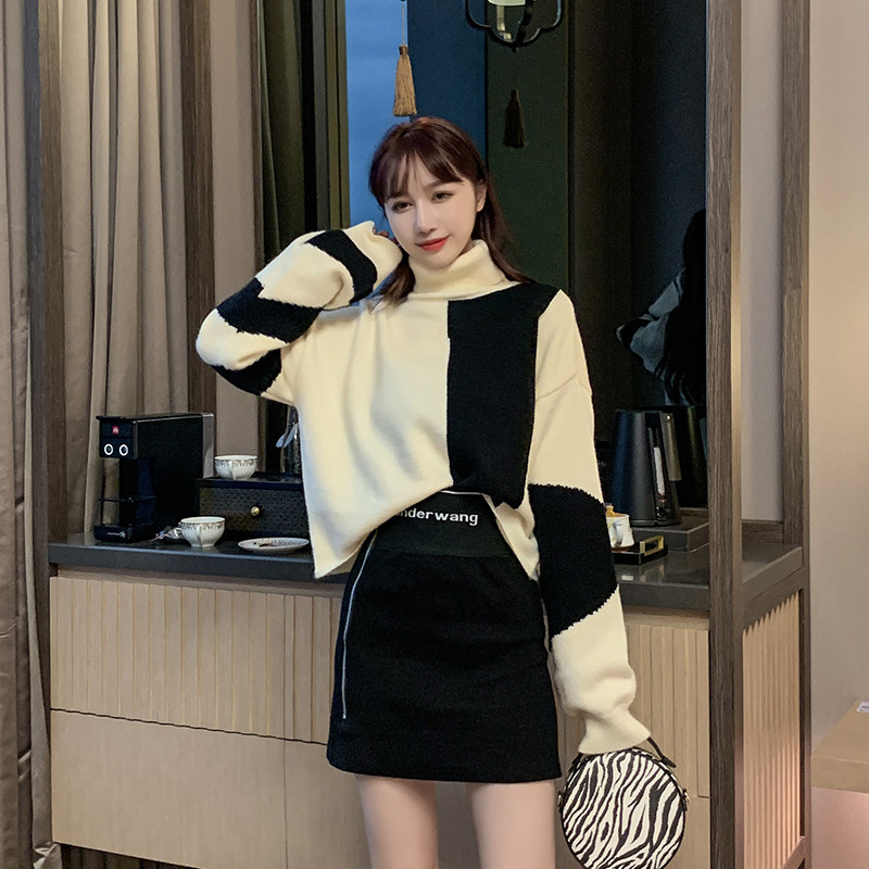 Autumn-winter high-collar knit cardiovert woman gentle wind blouse short loose thickened sweater Lazy Bump Color High Collar Sweater