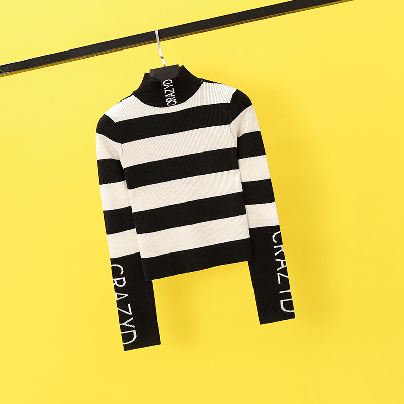 Slim-fit striped knitted bottoming shirt women's Korean style autumn and winter short letters half turtleneck all-match outer wear contrast color sweater trend