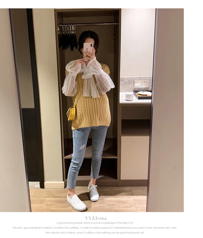 Bộ đồ mùa xuân dành cho bà bầu YYZJ 2019 Thời trang mới Hàn Quốc Vest đan hai mảnh Mẹ mặc quần jean - Áo thai sản