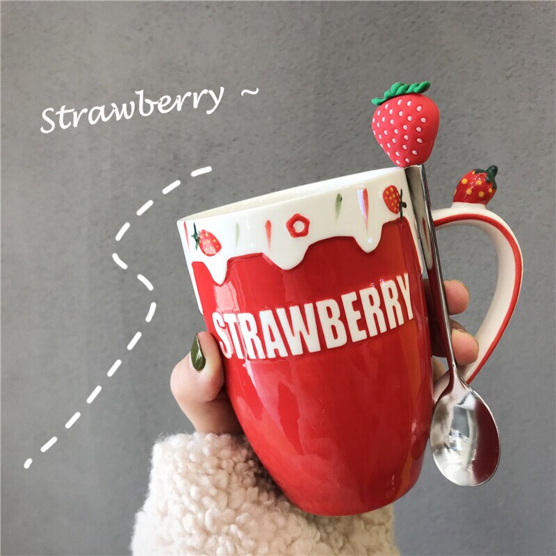 Cute Strawberry Water Glass Children Students Super Cute Ceramic Cup With Spoon Korea Fresh Mark Cup Girl Hearts Net Red