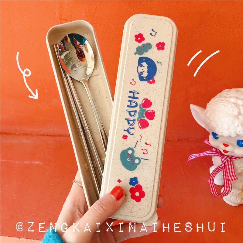 Cute Cartoon Stainless Steel Spoon Chopsticks Two Sets Cutlery Teen Hearts Students Creative Han Style Portable Suit Box