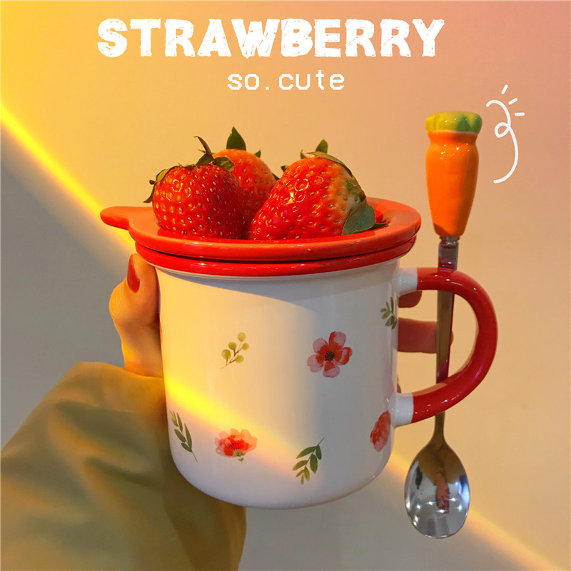 ins cute Korean style breakfast milk water glass subgirl cardiology raw ceramic cup creative home mark cup with lid