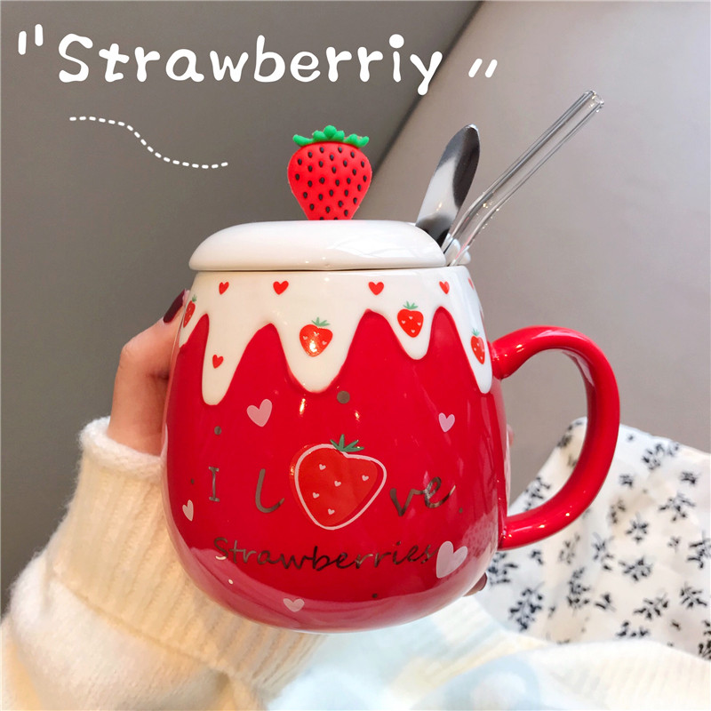 Cute strawberry water glass Sub-girl Heart Creative Ceramic Cup With Lid Spoon Straw Han Edition Mark Cup Cute