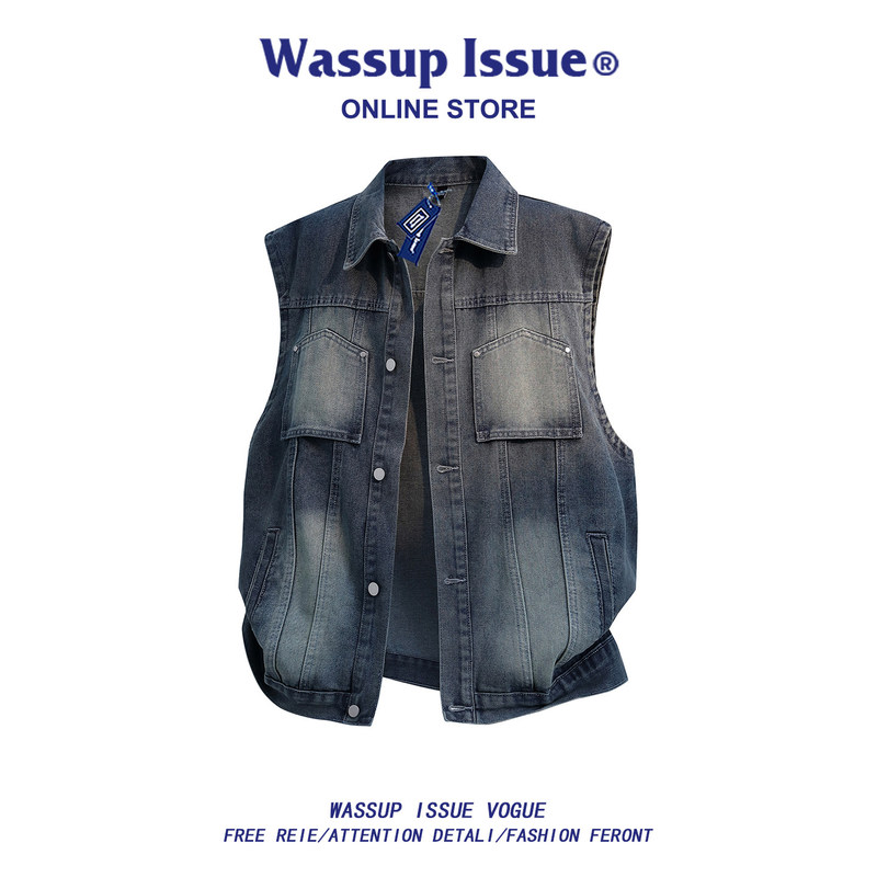 Wassup Other Retro Denim Vest Men's Summer Casual Lapel Multi-Pocket Sleeveless Vest Jacket for Men