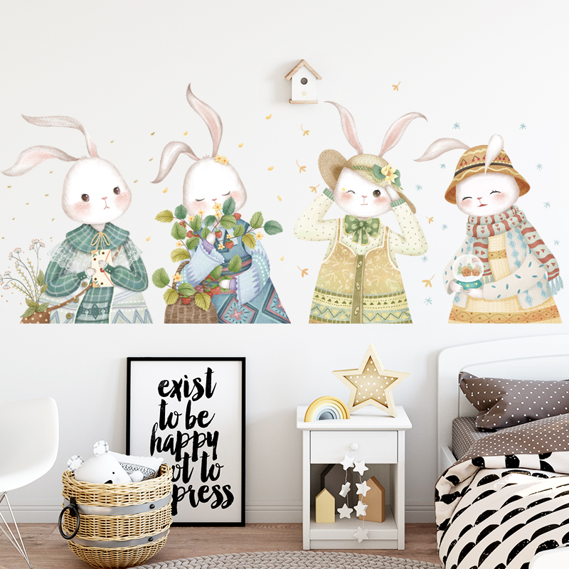 Wall cure Japanese cartoon rabbit lovely cozy children's room bedroom bedhead self-stick wallpaper