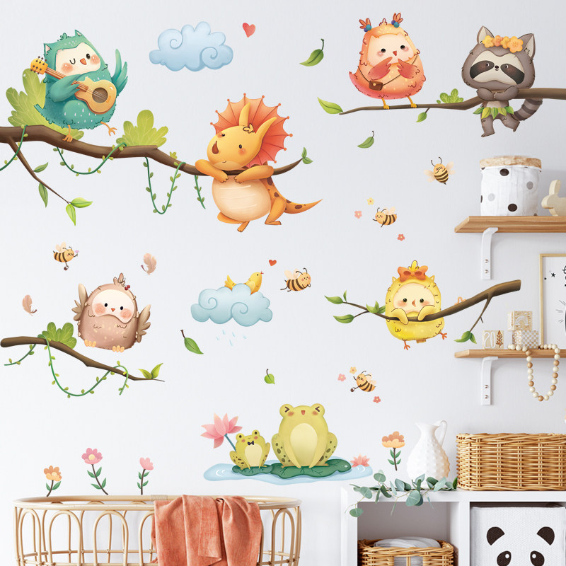 Cartoon animal children wall stickers owl branches door stickers classroom layout decoration waterproof kindergarten corridor