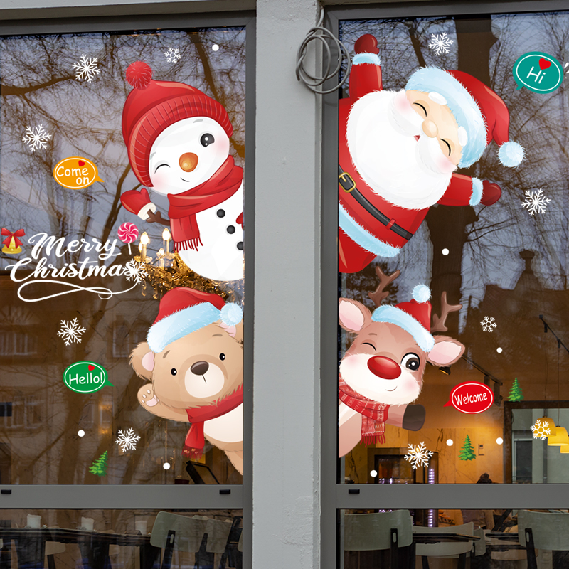 Cartoon cute santa claus storefront window glass door new year's day new year welcome to snowman shopping mall decoration