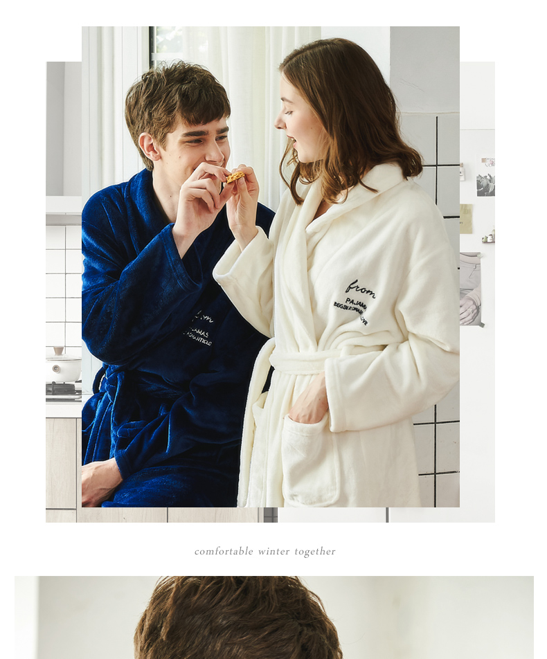 Mùa đông dày lông cừu san hô phụ nữ thêu áo choàng đôi flannel mùa đông áo choàng dài nam cộng với kích thước áo choàng tắm đồ ngủ đẹp