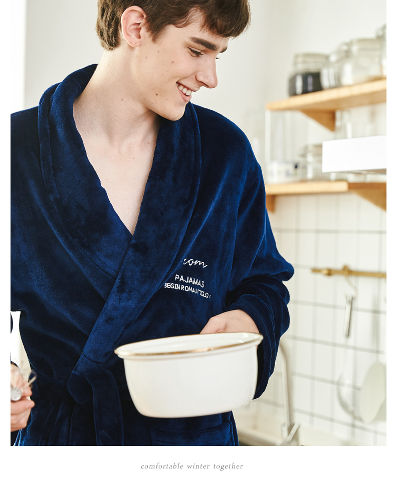 Mùa đông dày lông cừu san hô phụ nữ thêu áo choàng đôi flannel mùa đông áo choàng dài nam cộng với kích thước áo choàng tắm đồ ngủ đẹp
