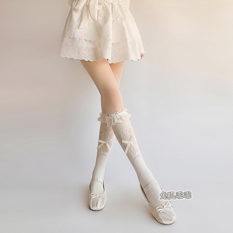 Summer Thin Lace Mid-Calf Socks with Sweet Bow, Hollow-Out Ballet Style Calf Socks, Lolita White Summer Thin Lace Mid-Calf Socks with Sweet Bow, Hollow-Out Ballet Style Calf Socks, Lolita White