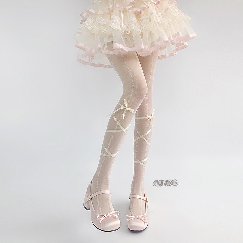 Sweet Lolita style off-white lace jacquard ballet-style black stockings for women, thin and snag-resistant.