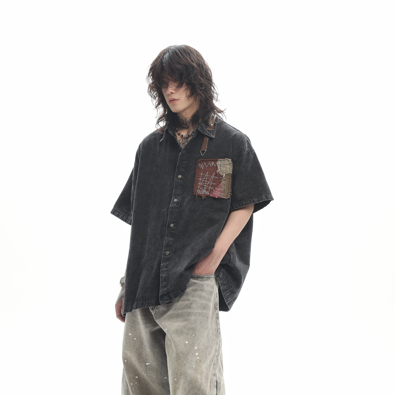 Mz Heavy-Duty Street-Style Patchwork Embroidered Short-Sleeve Shirt for Men and Women, American Trendy Brand, Vintage Washed Denim Shirt