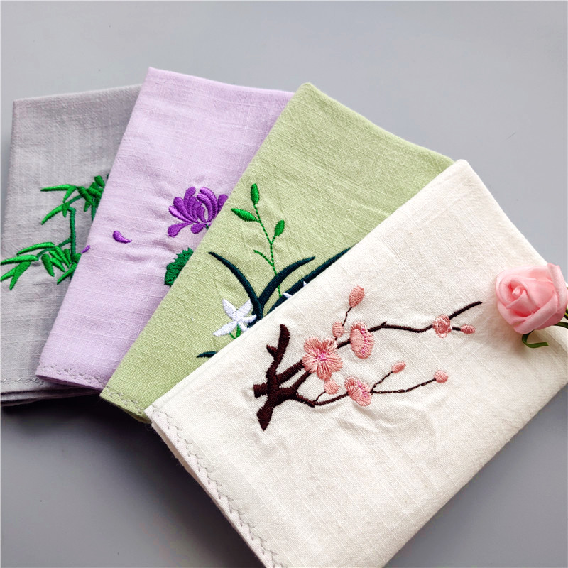 Ancient Style Embroidered Handkerchief Female Plum Orchid Bamboo Chrysanthemum Retro Embroidered Handkerchief Sweat-absorbing Square Scarf Chinese Style Cotton Linen Handkerchief Male