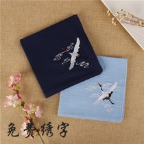 Original cotton hemp embroidered handkerchief Sweat-absorbing mens embroidered word square towel Tea towel Ancient style crane embroidery womens handkerchief