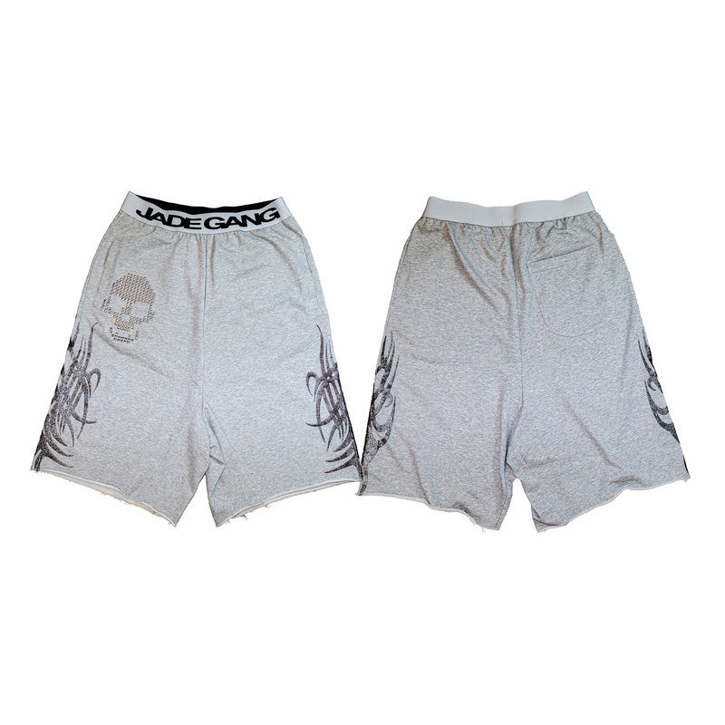 Jadegang26 Low-Rise Loose Skull Rivet Totem Glitter Cropped Pants Gray Sweatpants Shorts
