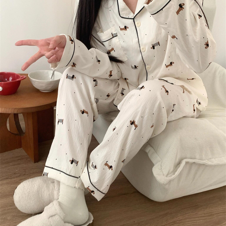 2025 New Women's Pajamas Spring and Autumn Cloud Cotton Long-Sleeve Long Pants Set Cartoon Cute Dachshund Loungewear