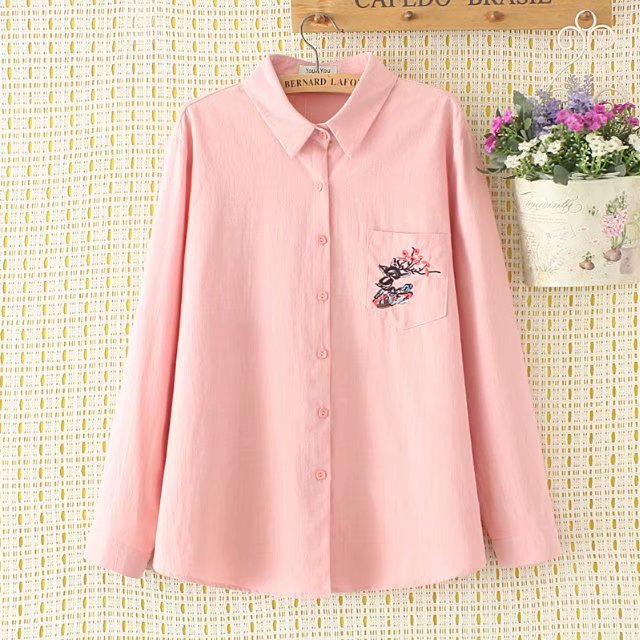 Cộng thêm phân bón XL áo dài tay nữ 18 mùa thu mới phiên bản Hàn Quốc của áo sơ mi thêu cotton mỏng chất béo áo phông có cổ nữ