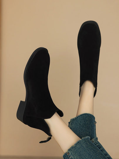 棕色翻毛皮短靴女2025新款春秋单靴中跟踝靴磨砂裸靴加绒41大码43