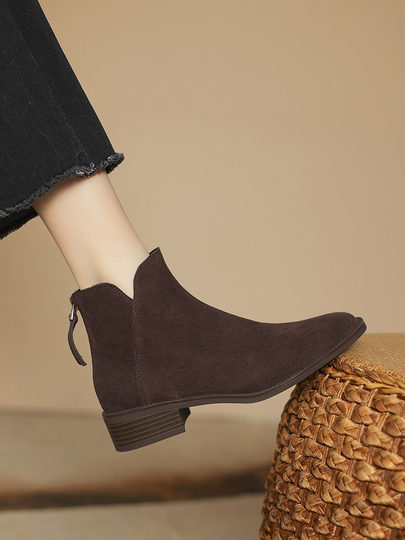 棕色翻毛皮短靴女2025新款春秋单靴中跟踝靴磨砂裸靴加绒41大码43