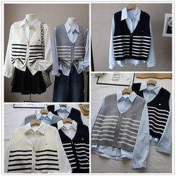 Autumn and Winter Simple and Exquisite V-Zipper Thick Striped Vest Lapel Shirt Two-Piece Set B112