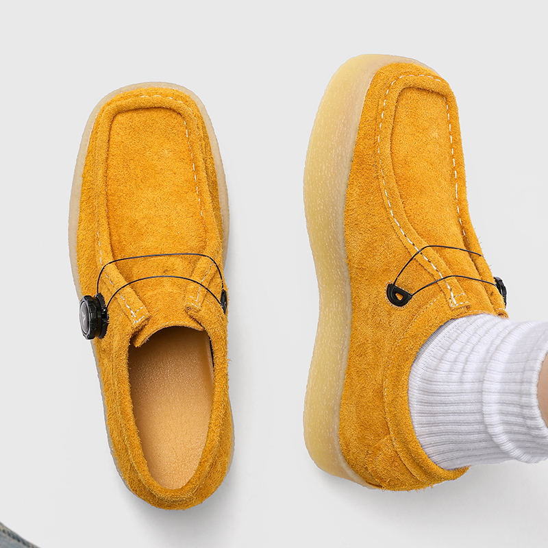 Yellow British Style Leather Shoes, Retro Height-Increasing Derby Shoes, Casual Old Money Style Outfit, Kangaroo Shoes, Rotary Buckle Loafers