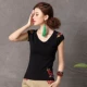 Phong cách dân tộc XL phụ nữ retro mùa hè thêu hoa mới Slim màu rắn chạm đáy áo thun ngắn tay áo phông trắng
