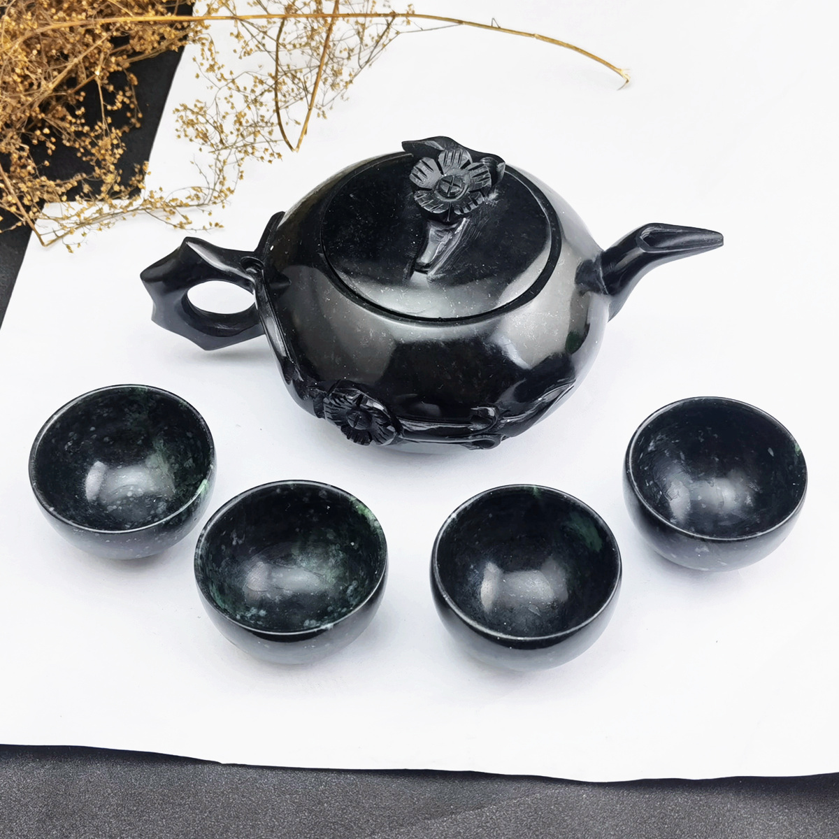 Pure hand-carved natural jade teapot wine pot dark green jade pot jade tea set tea cup health jade tea set