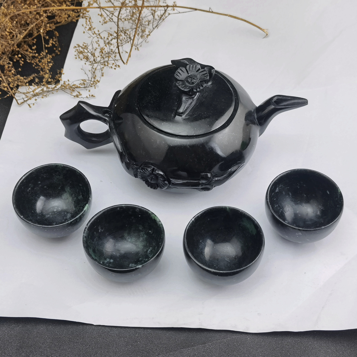 Natural dark green jade tea set health care home jade pot jade teapot ornaments wine utensils kung fu tea set