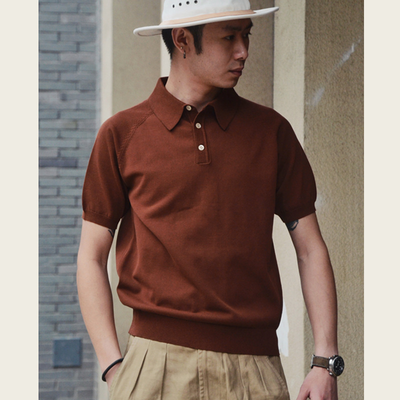 Ameikaji American Retro Knitted Pure Cotton Short-Sleeved T-Shirt Summer Men's Fashion Trendy Italian Polo Shirt