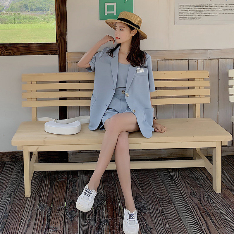 Blue Casual Fashion Suit Shorts Suit Women Summer Short Sleeve Thin style Superior sensation Little Subtemperament Three sets