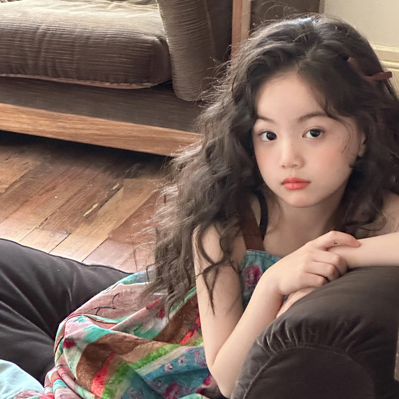 Children's Black Tea-Colored Wig with Lace Front, Middle Part, Long Curly Hair, Wool Curls, Lolita Style, Summer Natural and Cute Photo Shoot