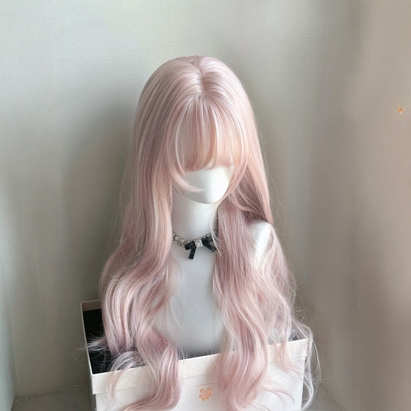 Children's Wig Girl Coa Ariel Long Curly Hair Pink Princess Wavy Curls Sweet Air Bangs Full Head Wig