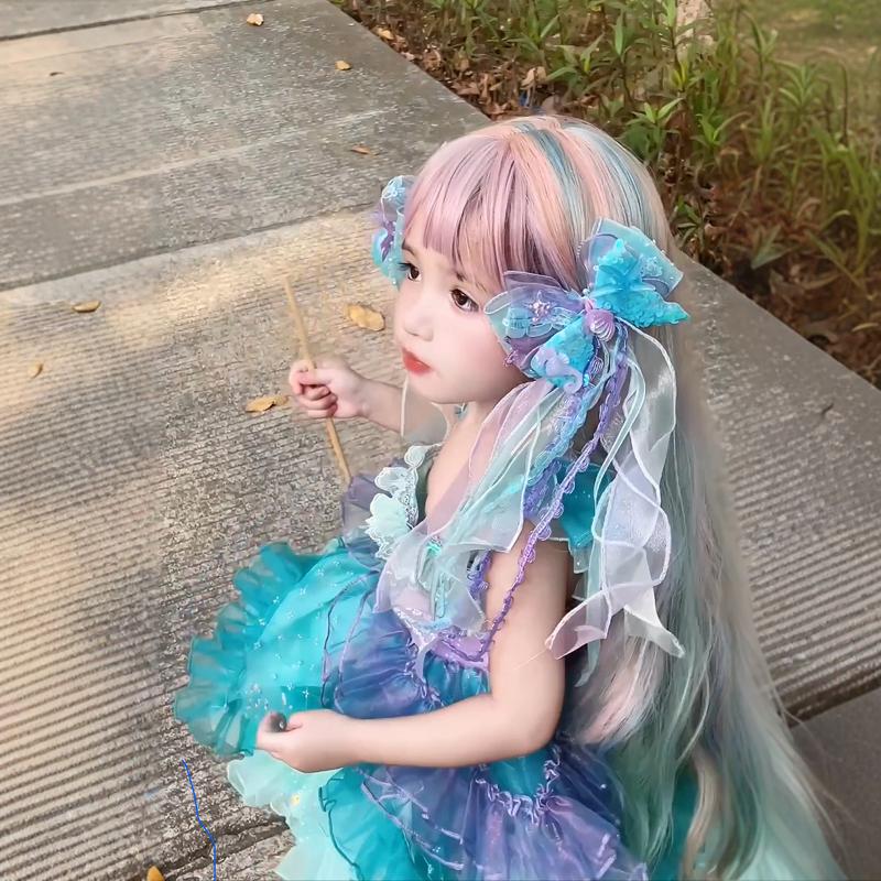 Children's Wig Girl Coa Ariel Long Curly Hair Rainbow Princess Wavy Curls Sweet Air Bangs Full Head Wig