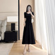 ຊຸດເສື້ອຍືດແຂນສັ້ນແບບ Hepburn ສູງສໍາລັບແມ່ຍິງ summer 2024 ໃຫມ່ slim waist ຍາວ skirt U-neck a-line skirt ສໍາລັບແມ່ຍິງ