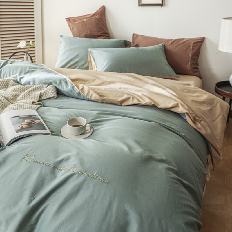 Japanese-style solid color embroidery cotton four-piece set of pure cotton 100 pairs can not fight naked sleeping sheets quilt bedding