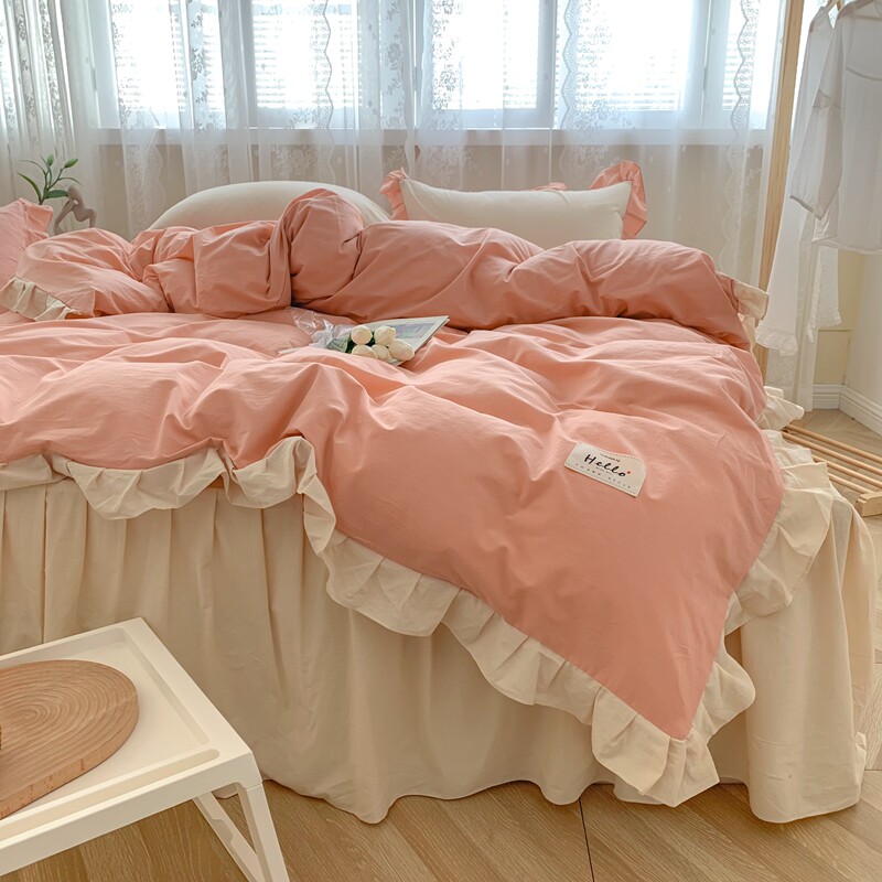 100% cotton washed cotton girl heart hit color four-piece bedding ruffled quilt cover sheet bed skirt princess style
