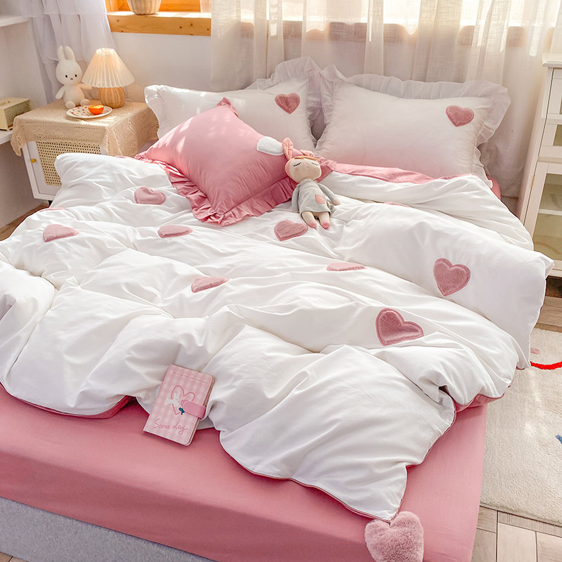 ins Korean style heart-shaped embroidery cotton four-piece bedding pure cotton 100 princess style bed sheet quilt cover quilt cover