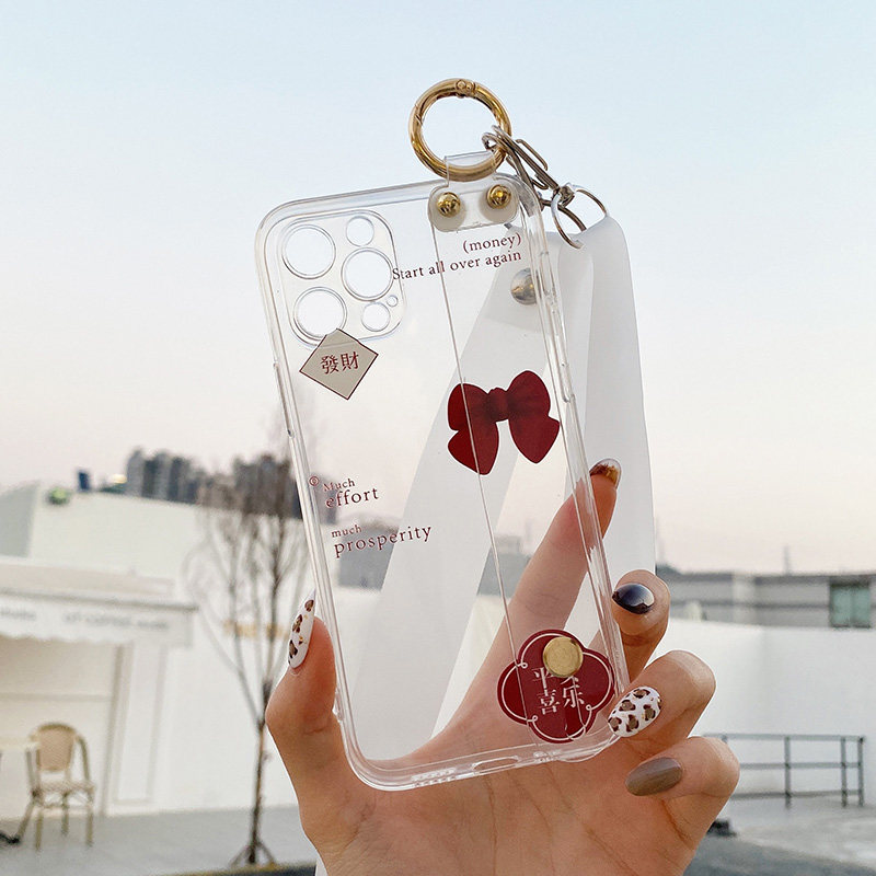 Butterfly knot wrists apply Apple 13promax mobile phone protection shell iphone13mini Ping An Happy 13pro protective sleeve Fat and transparent bracket thirteen slanted satchel apple