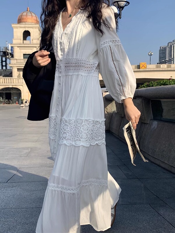 Northwest Xinjiang Desert Travel Vacation Outfit French Lace Splicing White Long Shirt Dress with Slit for Women