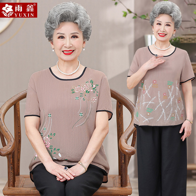 Grandma's Short-Sleeved Suit, Middle-Aged and Elderly Women's Summer Clothing, Mother's Cotton and Linen T-Shirt, Thin and Simple Two-Piece Set for Old Ladies