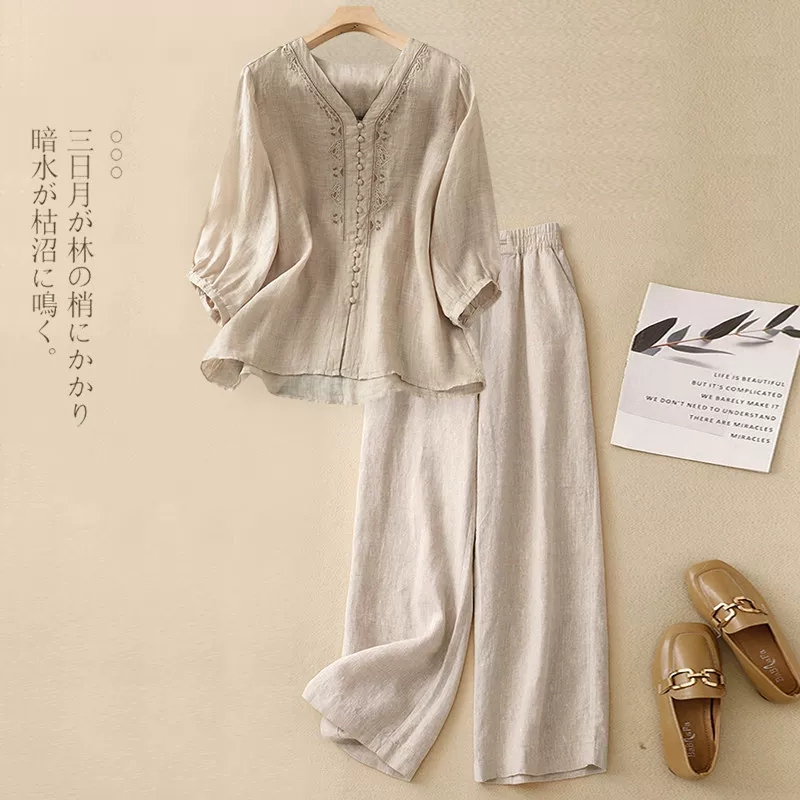 European Style Embroidered Cotton and Linen Casual Fashion Suit for Women 2026 New Summer Elegant Linen Plus Size Two-Piece Set Trendy European Style Embroidered Cotton and Linen Casual Fashion Suit for Women 2026 New Summer Elegant Linen Plus Size Two-Piece Set Trendy