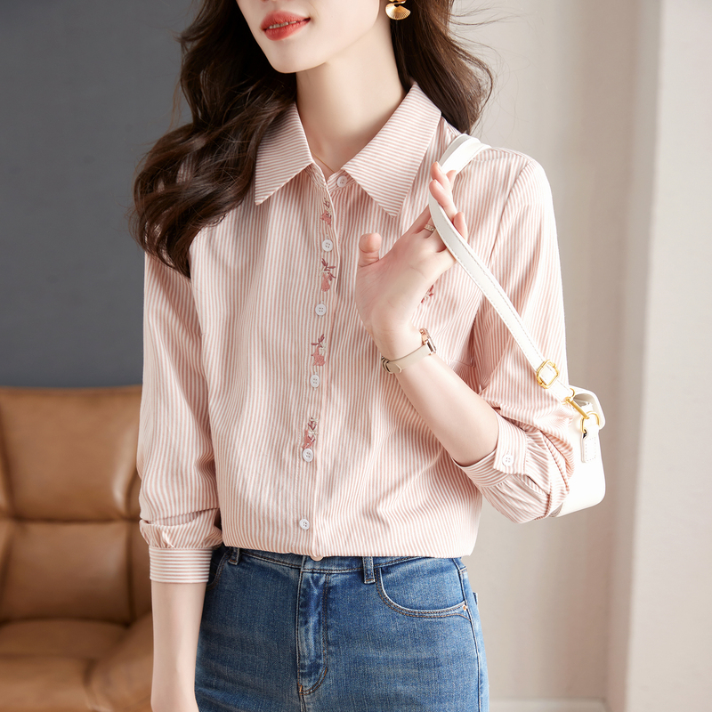 European Style Pink Embroidered Pure Cotton Striped Shirt for Women 2026 New Spring and Autumn Turn-Down Collar Business Attire Commuter Top