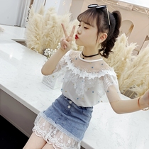 Girls summer Net red suit 2021 new foreign girl Big Boy summer childrens short sleeve denim skirt two-piece set