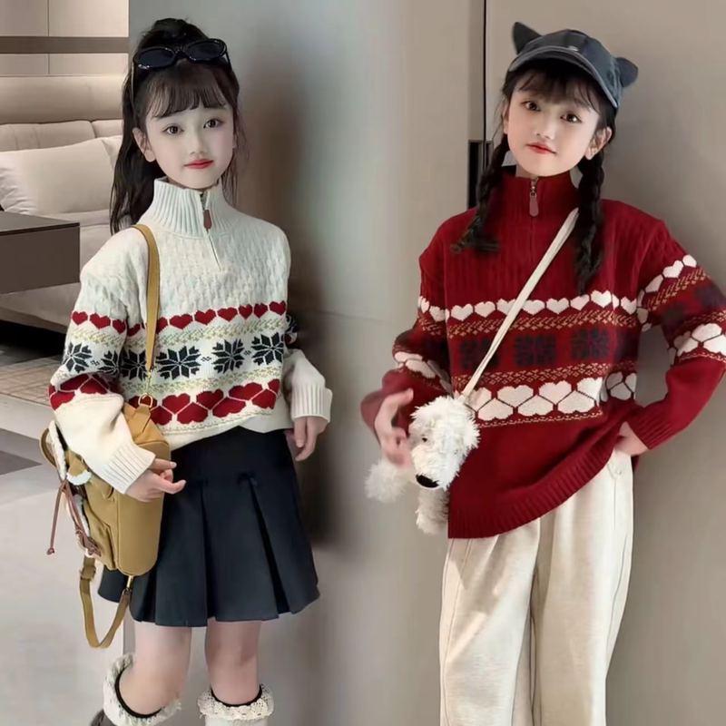 Girls' Atmospheric Christmas Thick Sweater, Popular Knitted Half-High Collar Zipper Pullover Base Shirt for Older Children, Winter Girls' Atmospheric Christmas Thick Sweater, Popular Knitted Half-High Collar Zipper Pullover Base Shirt for Older Children, Winter