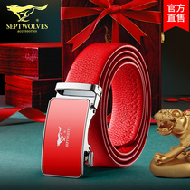 Seven Wolves This Year Red Belt Belongs To Tiger Year Red Leather Belt Men Genuine Leather Automatic Buttoning Pants Belts Married Couple