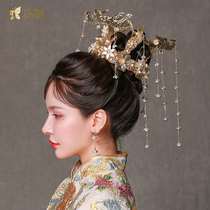 Bride Xiuhe headdress New gold Chinese tassel Phoenix round crown Wedding toast suit Ancient Phoenix crown Ancient costume Phoenix dance