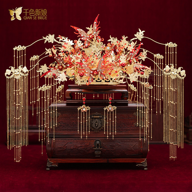 Bride Xiuhe headdress 2022 new atmosphere light luxury Chinese style red phoenix crown wedding dress hair accessories Jinyuan