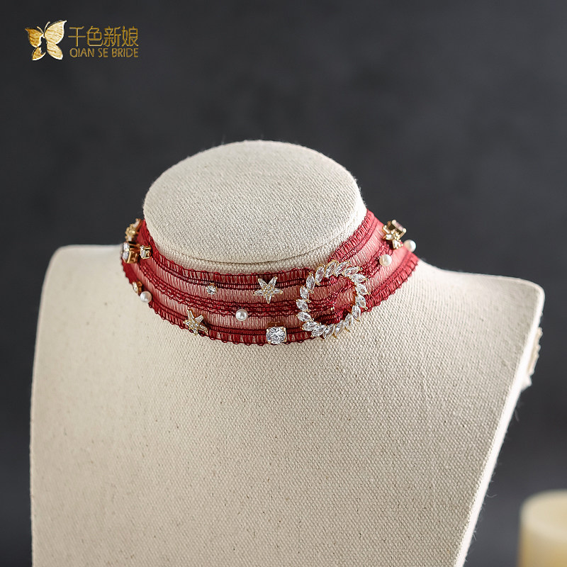 Japanese and Korean bride suit zircon neckchain red neckchain wedding headdress accessories new super-flash Ino