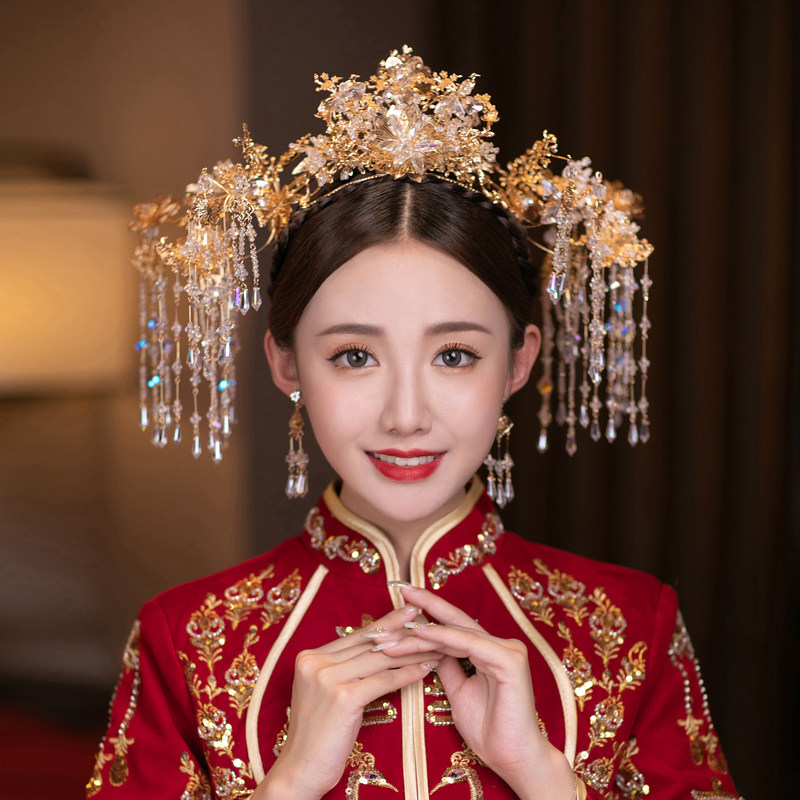 Bride Xiuhe headdress new golden Chinese tassel wedding toast clothing ancient phoenix crown ancient costume hair accessories Nuoqi