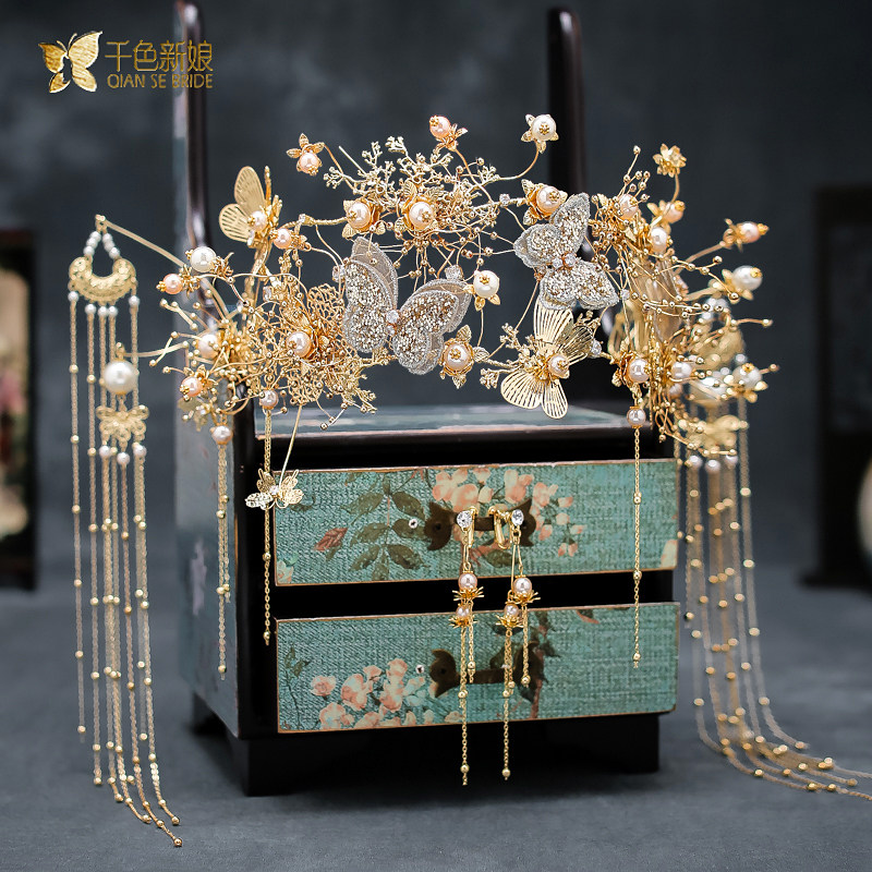 Ancient Wind Han Costume Flow Su Golden Phoenix Chinese Bridal Bow Decoration Show and Long Feng Hang Wedding Accessories and Accessories